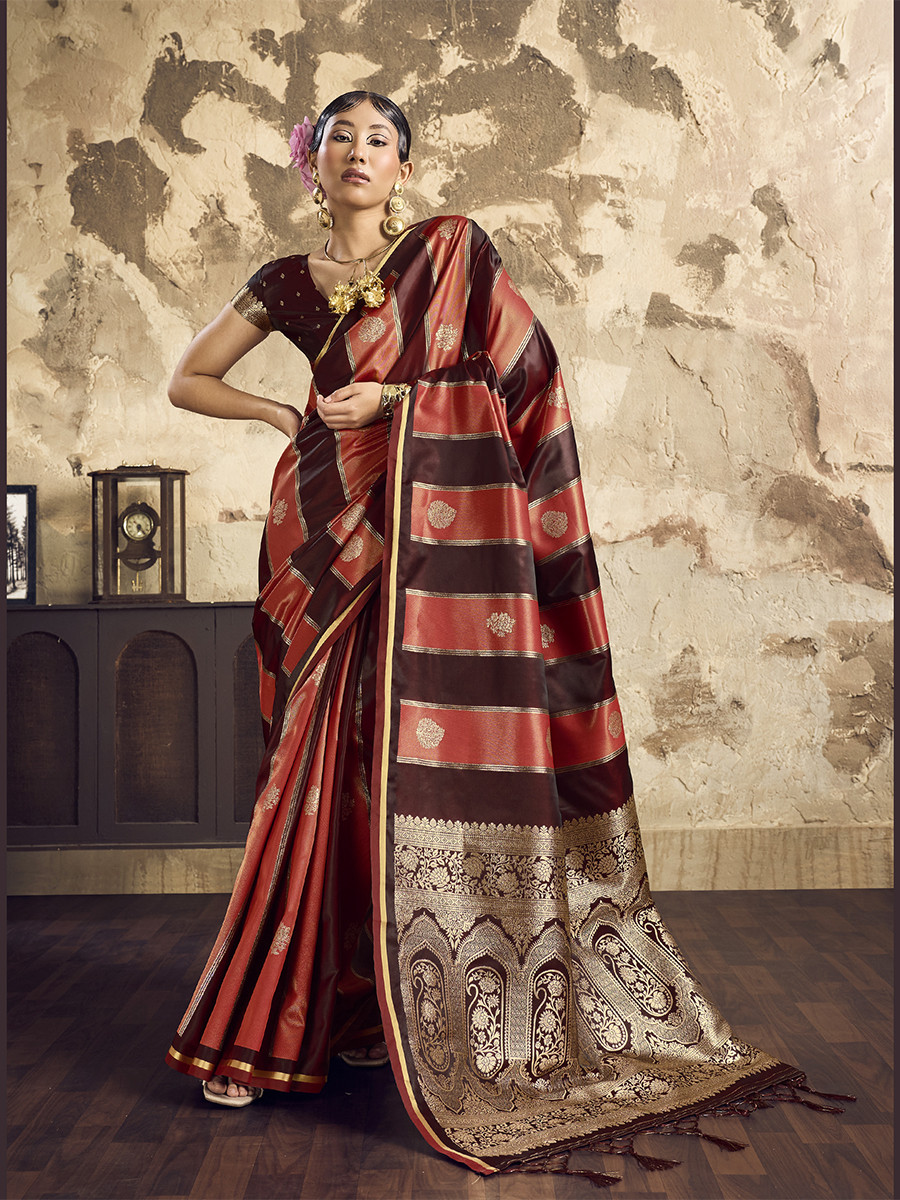 Wine Red Pure Satin Handwoven Wedding Reception Party Festival Casual Heavy Border Sarees