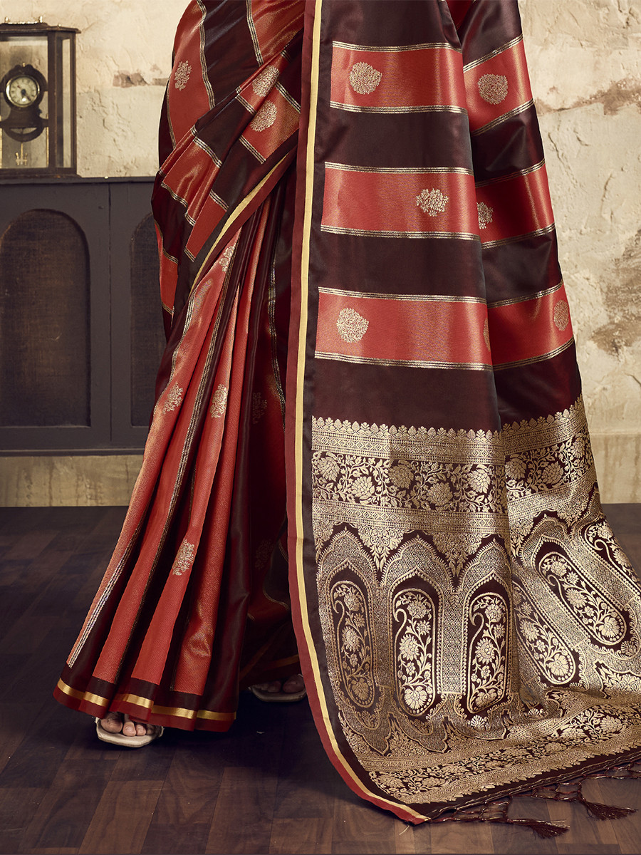 Wine Red Pure Satin Handwoven Wedding Reception Party Festival Casual Heavy Border Sarees
