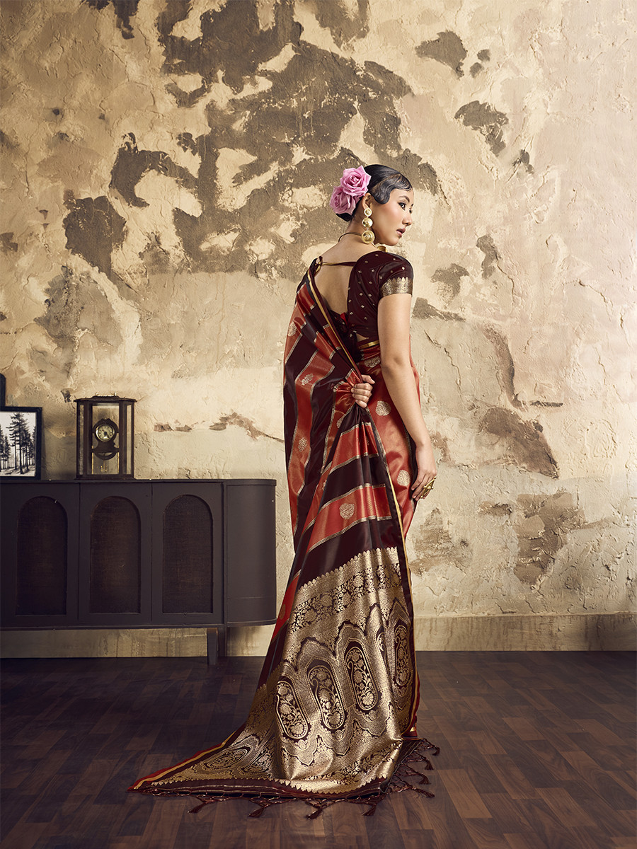 Wine Red Pure Satin Handwoven Wedding Reception Party Festival Casual Heavy Border Sarees