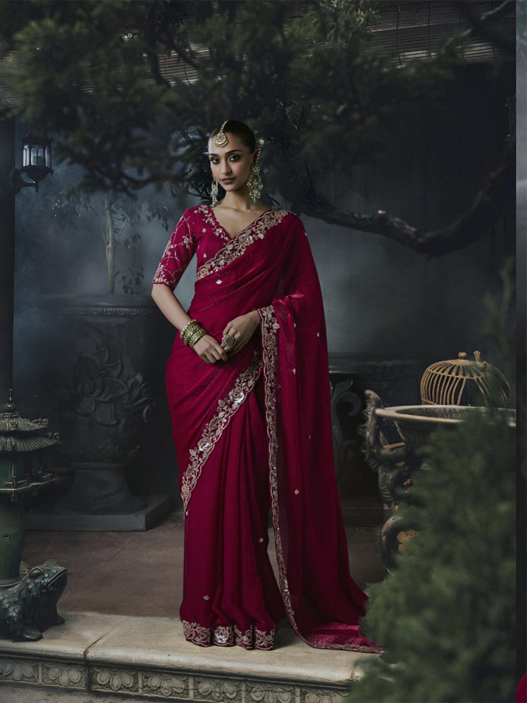 Image of Wine Red Tissue Silk Embroidery Stone Work Sequins Wedding Reception Party Festival Casual Heavy Border Sarees