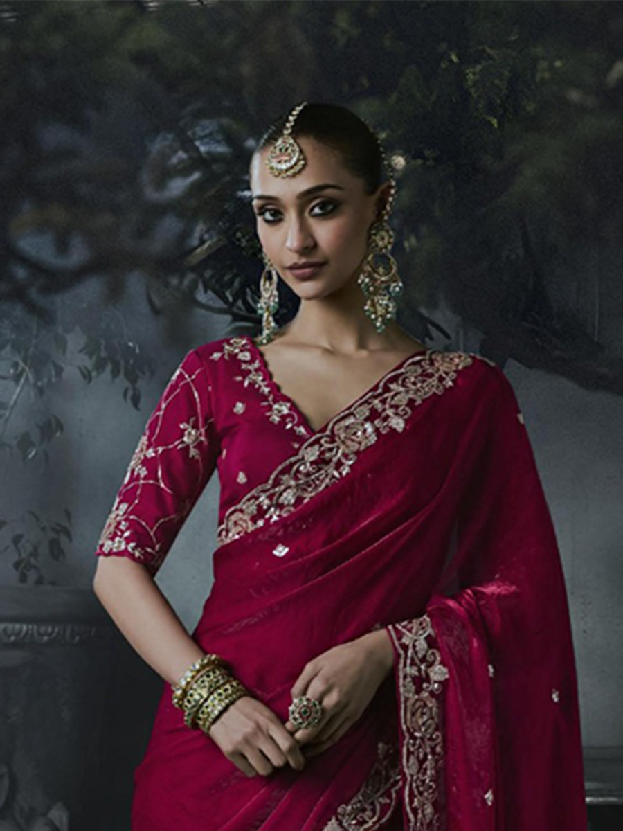 Wine Red Tissue Silk Embroidery Stone Work Sequins Wedding Reception Party Festival Casual Heavy Border Sarees
