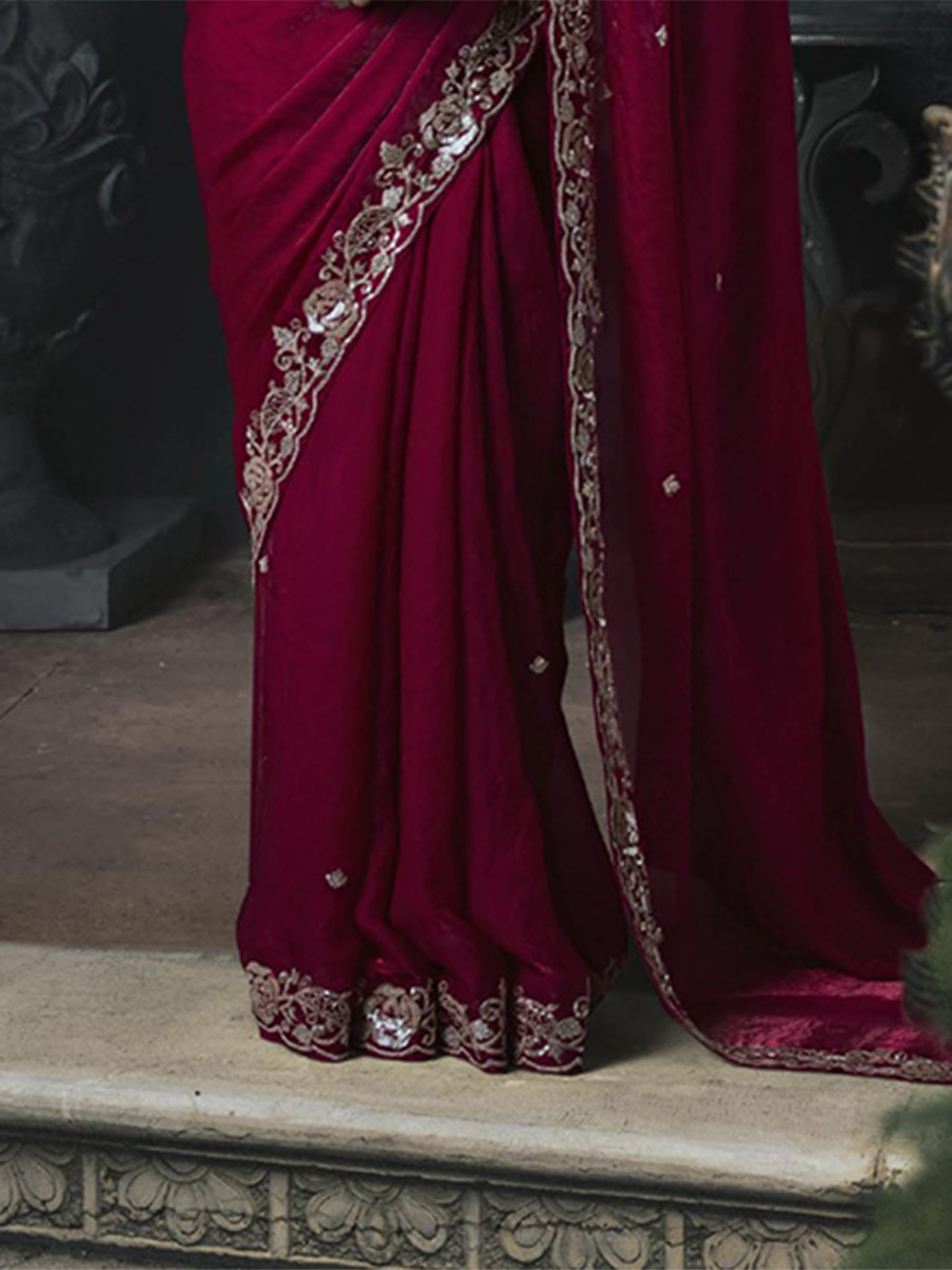 Wine Red Tissue Silk Embroidery Stone Work Sequins Wedding Reception Party Festival Casual Heavy Border Sarees