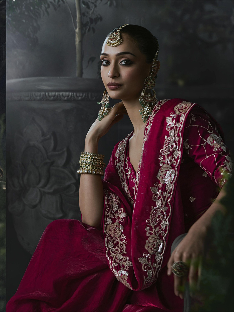 Wine Red Tissue Silk Embroidery Stone Work Sequins Wedding Reception Party Festival Casual Heavy Border Sarees