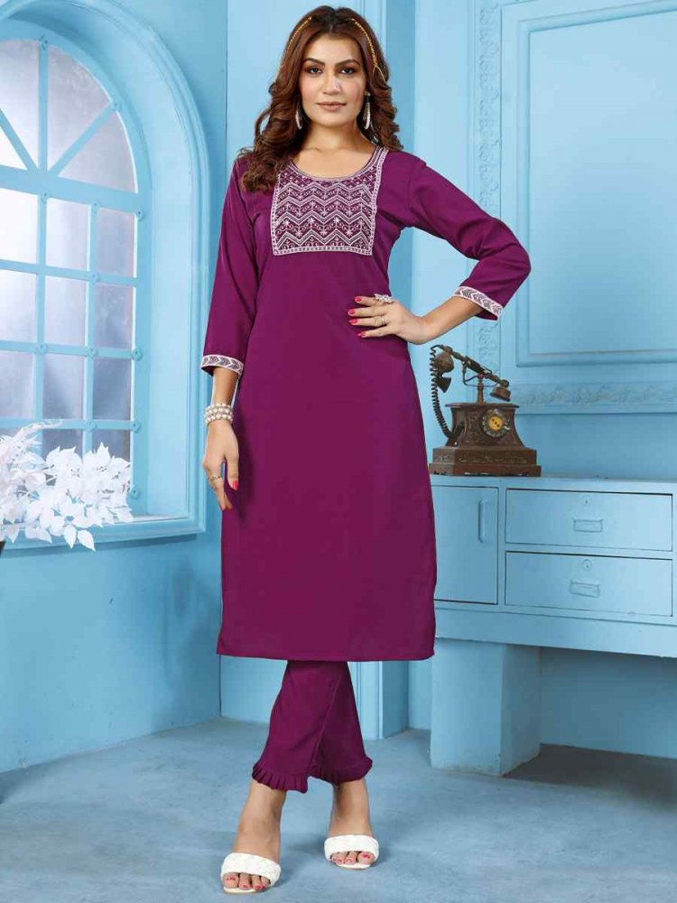 Wine Rinkal Cotton Embroidered Festival Casual Kurti With Bottom
