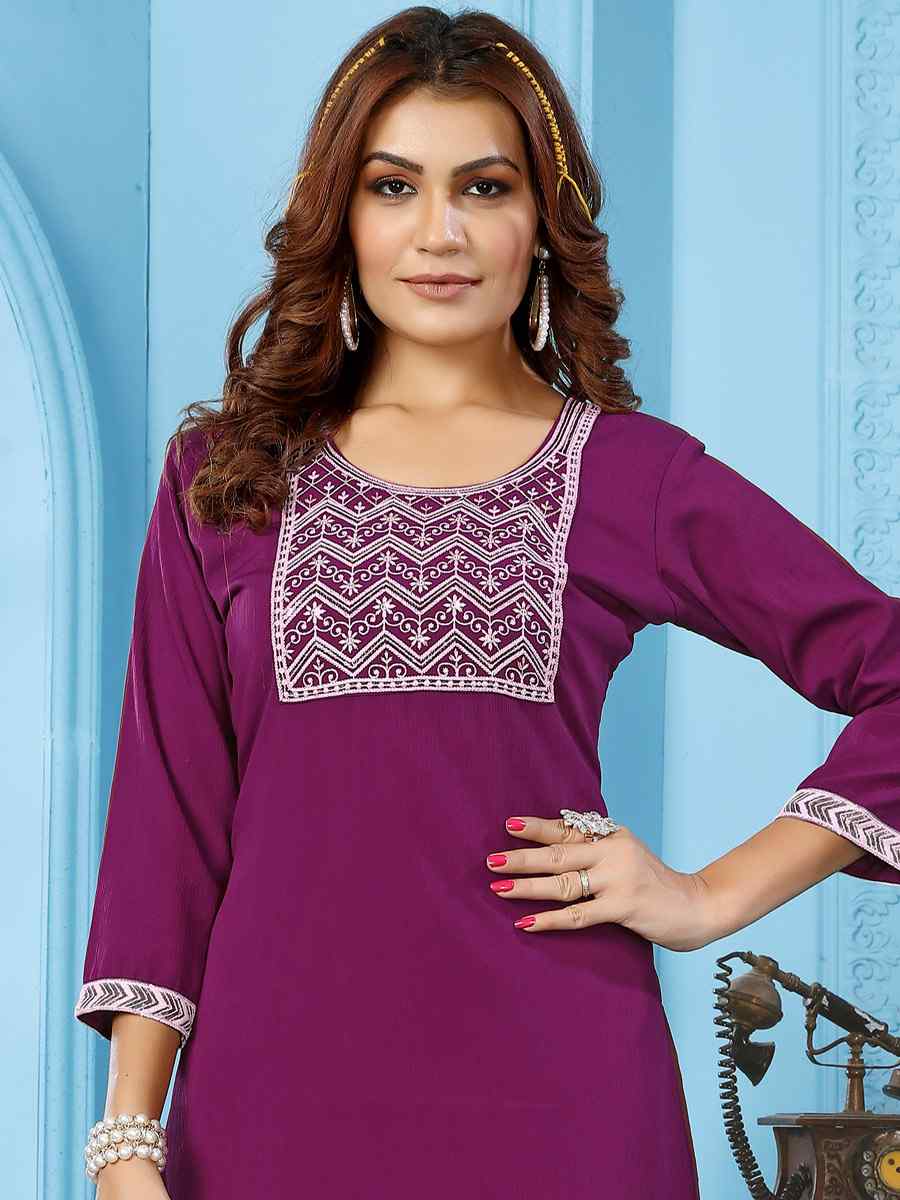 Wine Rinkal Cotton Embroidered Festival Casual Kurti With Bottom