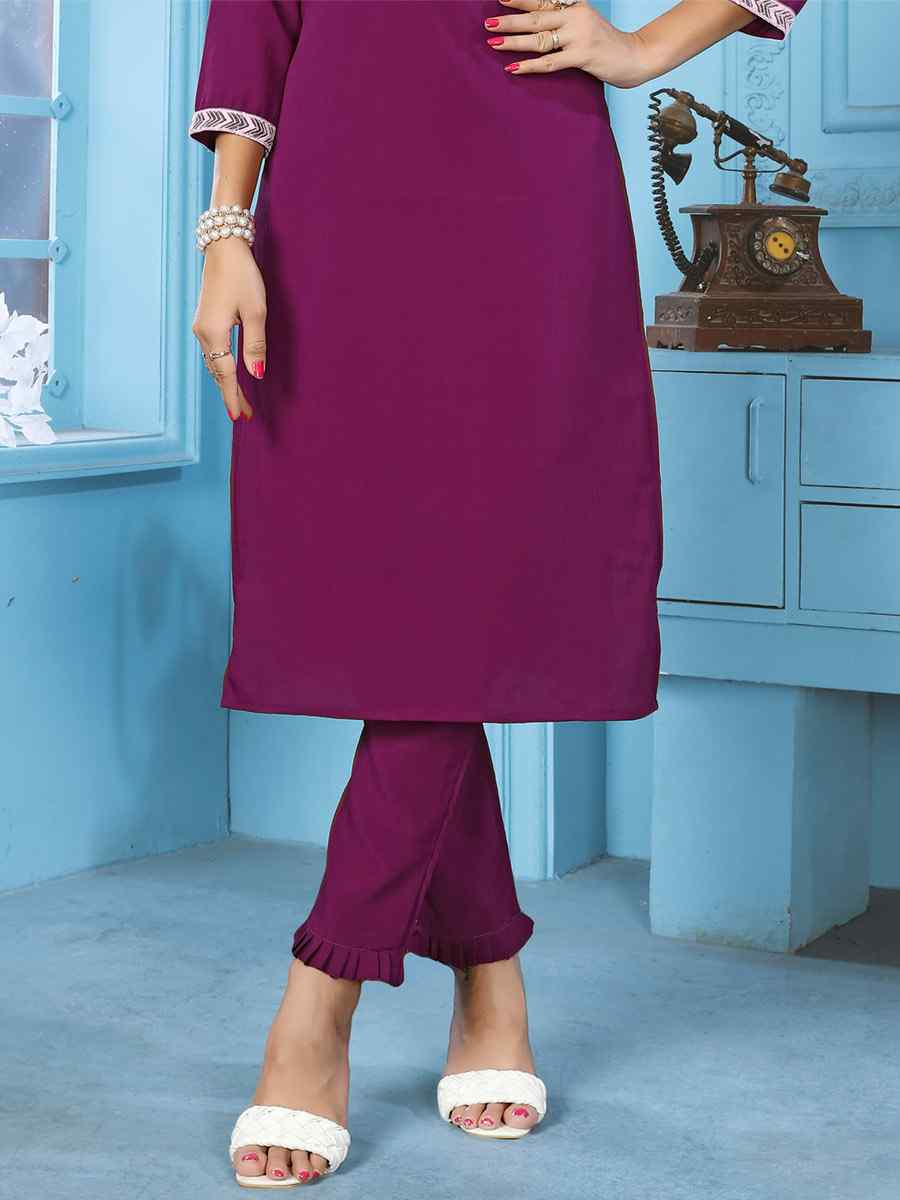 Wine Rinkal Cotton Embroidered Festival Casual Kurti With Bottom