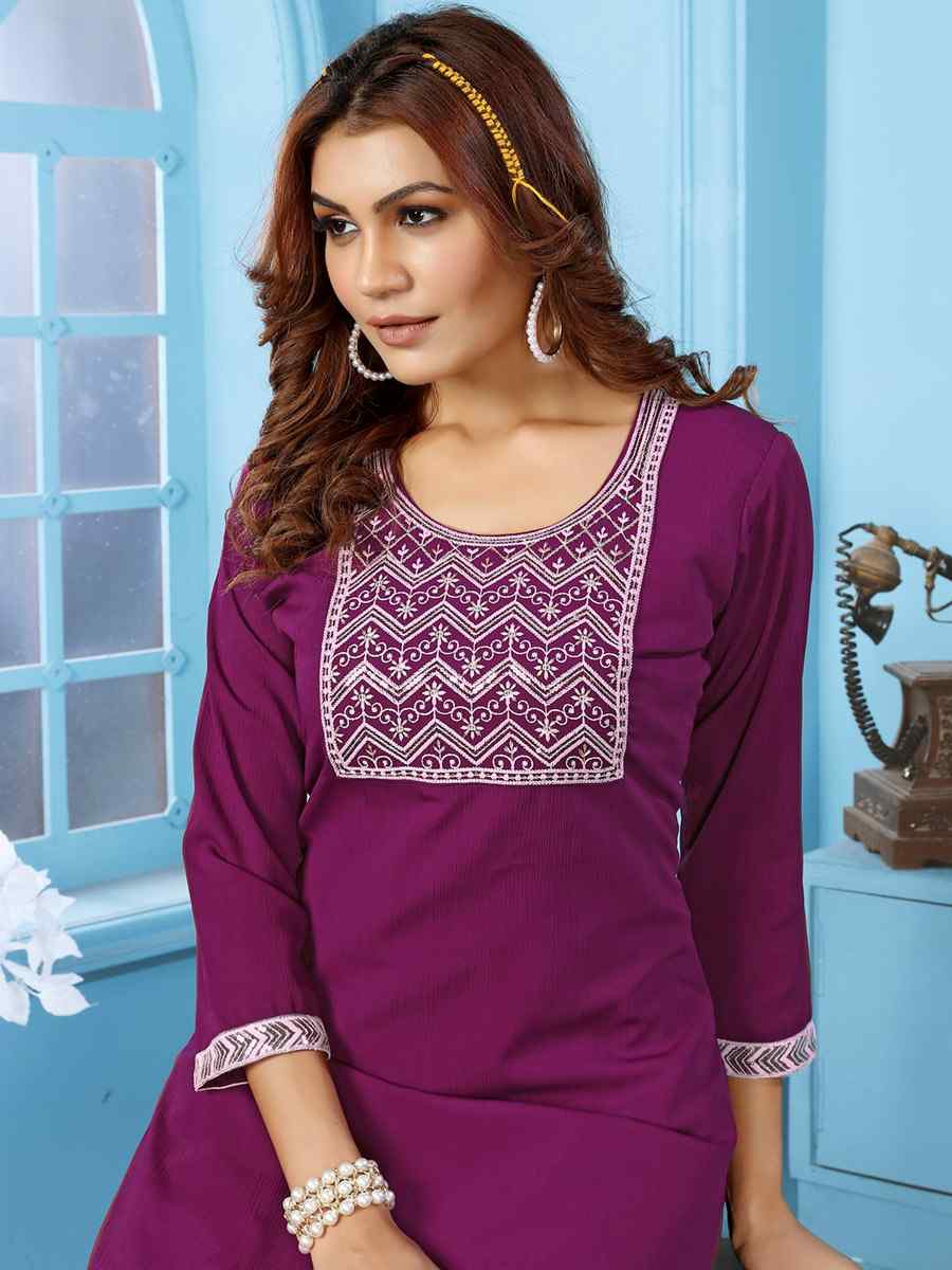 Wine Rinkal Cotton Embroidered Festival Casual Kurti With Bottom