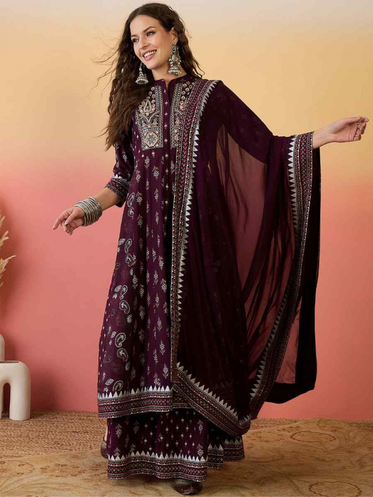 Wine Roman Silk Embroidered Festival Casual Ready Palazzo Pant Salwar Kameez