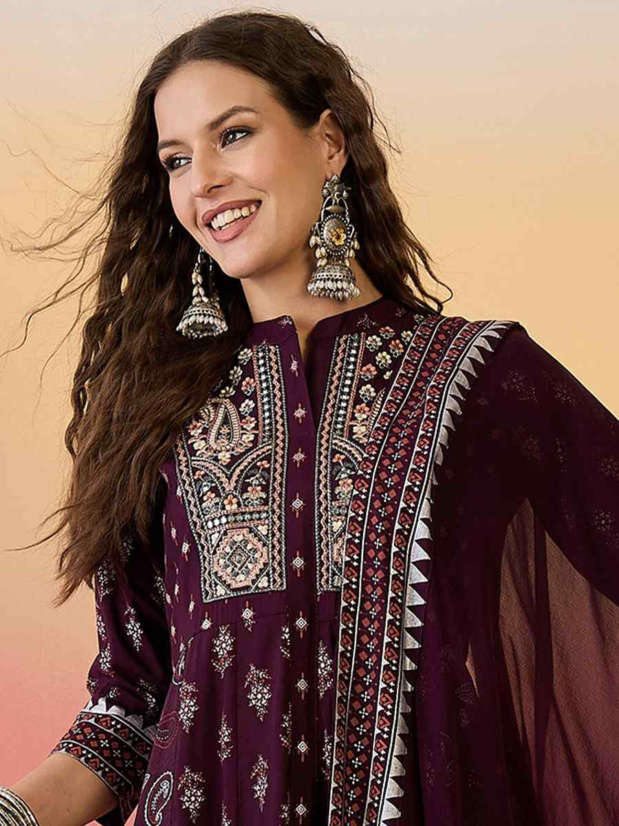 Wine Roman Silk Embroidered Festival Casual Ready Palazzo Pant Salwar Kameez