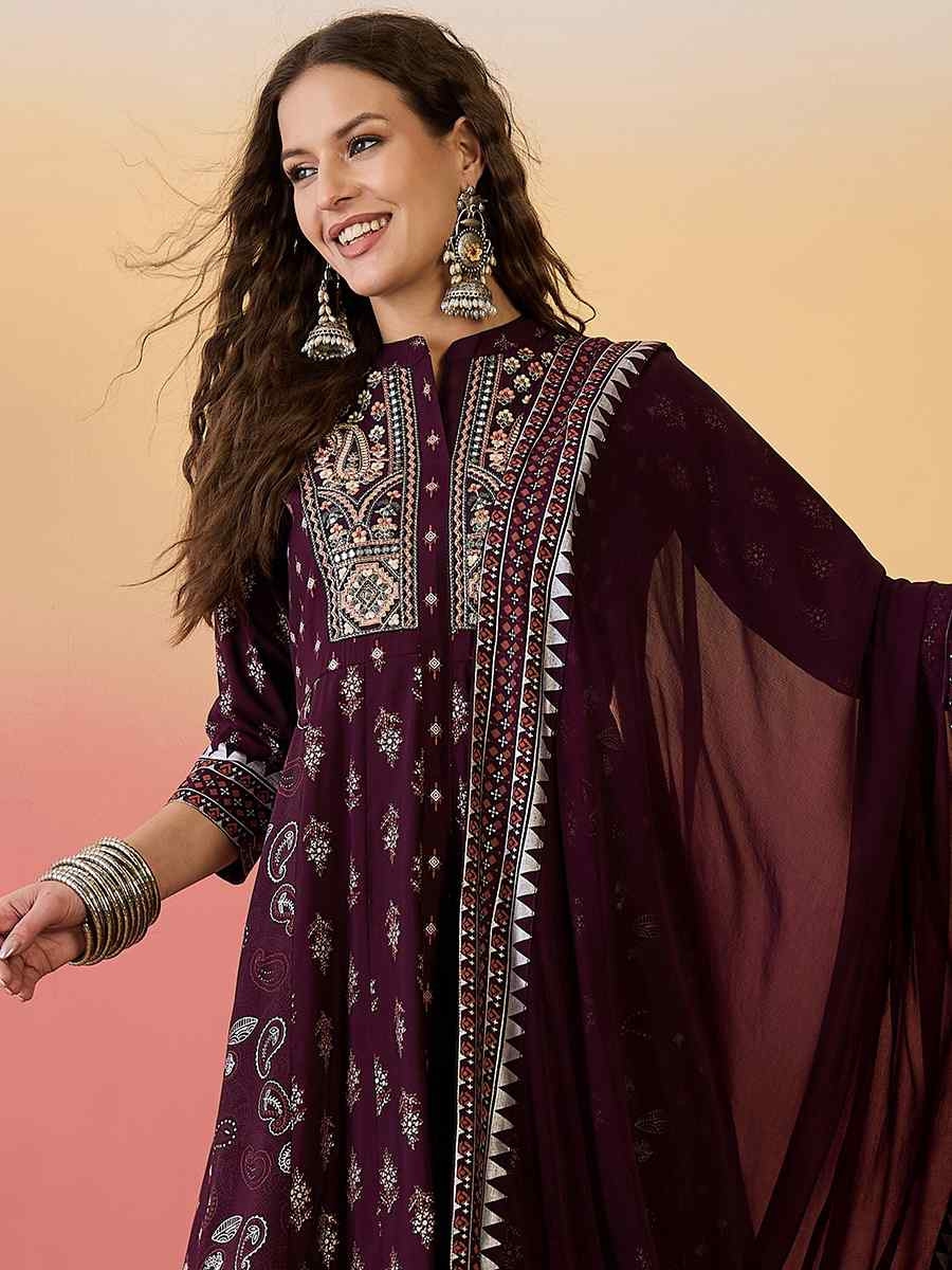 Wine Roman Silk Embroidered Festival Casual Ready Palazzo Pant Salwar Kameez