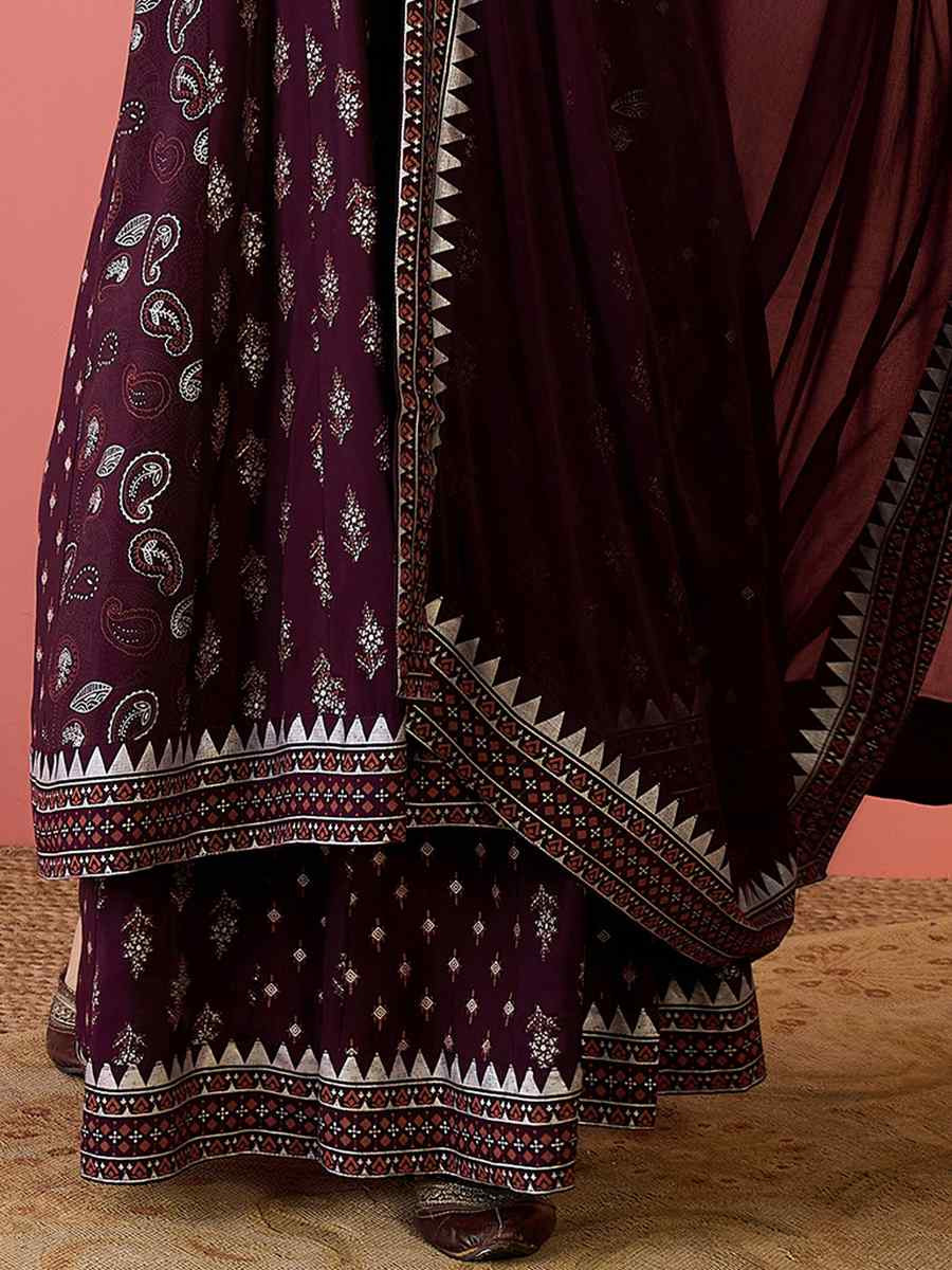 Wine Roman Silk Embroidered Festival Casual Ready Palazzo Pant Salwar Kameez