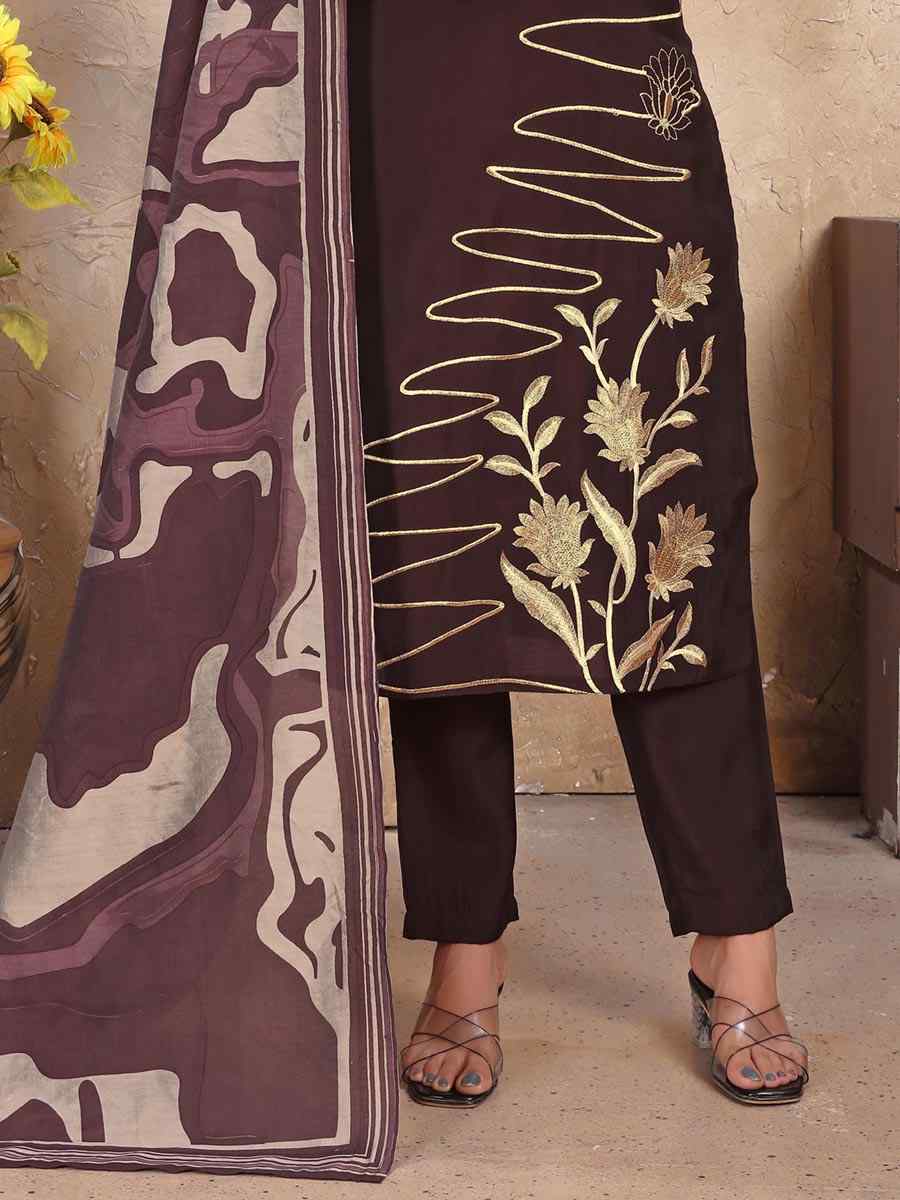 Wine Roman Silk Embroidered Festival Casual Ready Pant Salwar Kameez