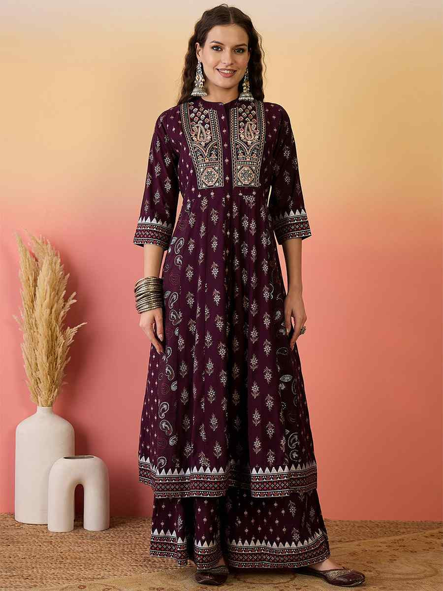 Wine Roman Silk Embroidered Party Wedding Ready A-Line Salwar Kameez