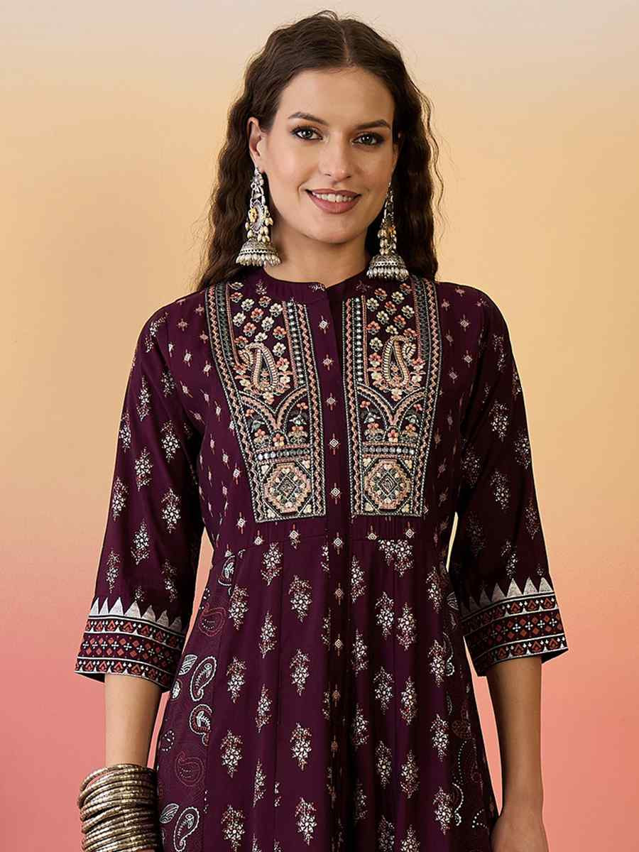 Wine Roman Silk Embroidered Party Wedding Ready A-Line Salwar Kameez
