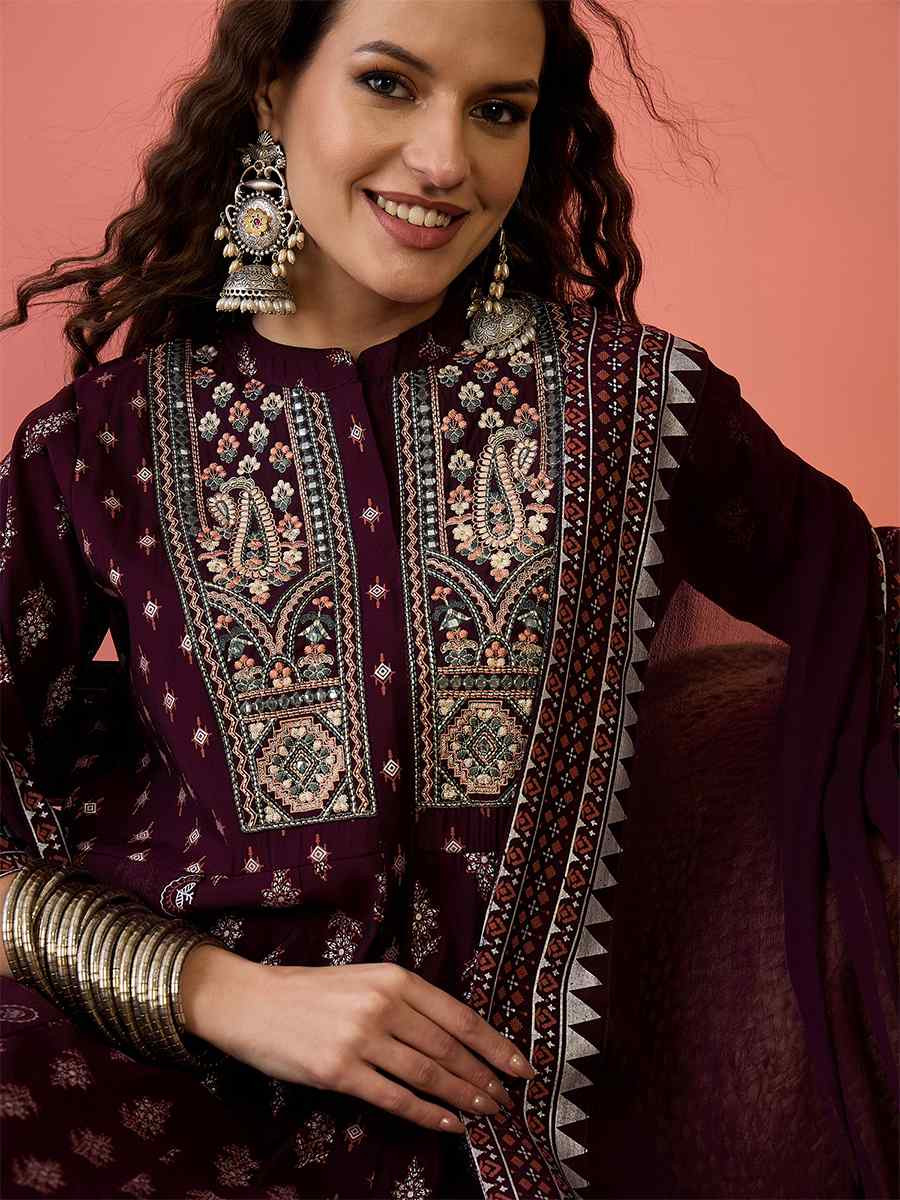 Wine Roman Silk Embroidered Party Wedding Ready A-Line Salwar Kameez