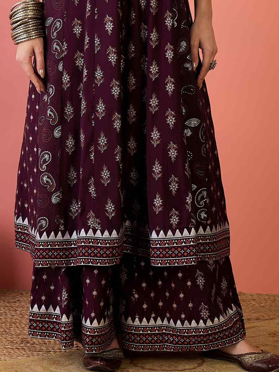 Wine Roman Silk Embroidered Party Wedding Ready A-Line Salwar Kameez