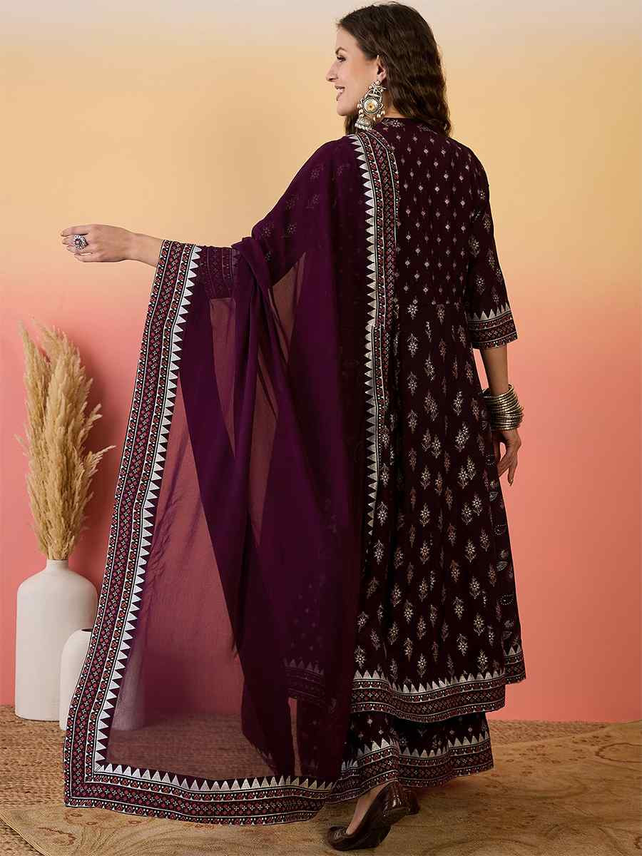 Wine Roman Silk Embroidered Party Wedding Ready A-Line Salwar Kameez