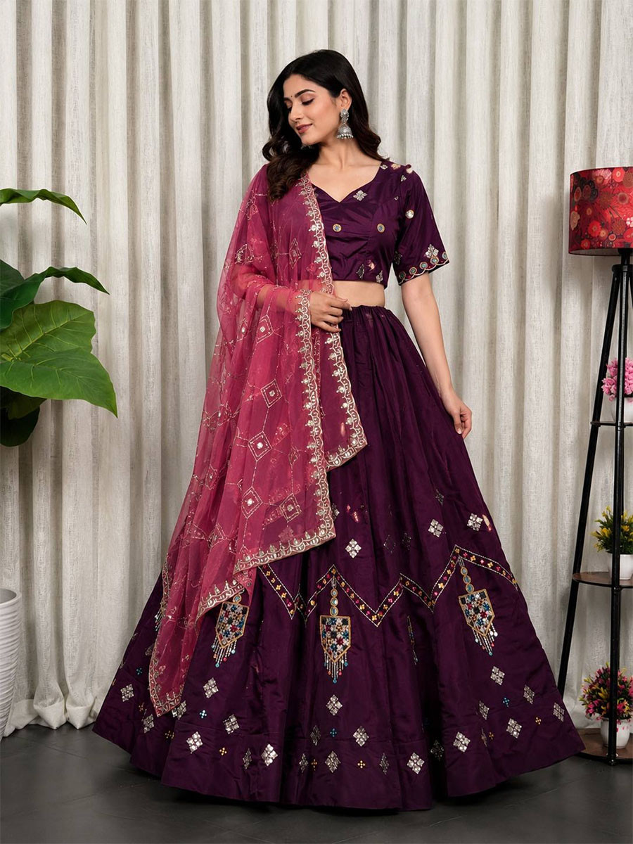 Wine Roman silk Embroidery Sequins Wedding Reception Festival Ready Heavy Border Lehenga Choli