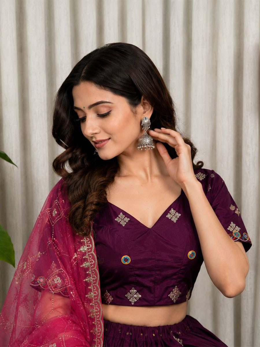 Wine Roman silk Embroidery Sequins Wedding Reception Festival Ready Heavy Border Lehenga Choli