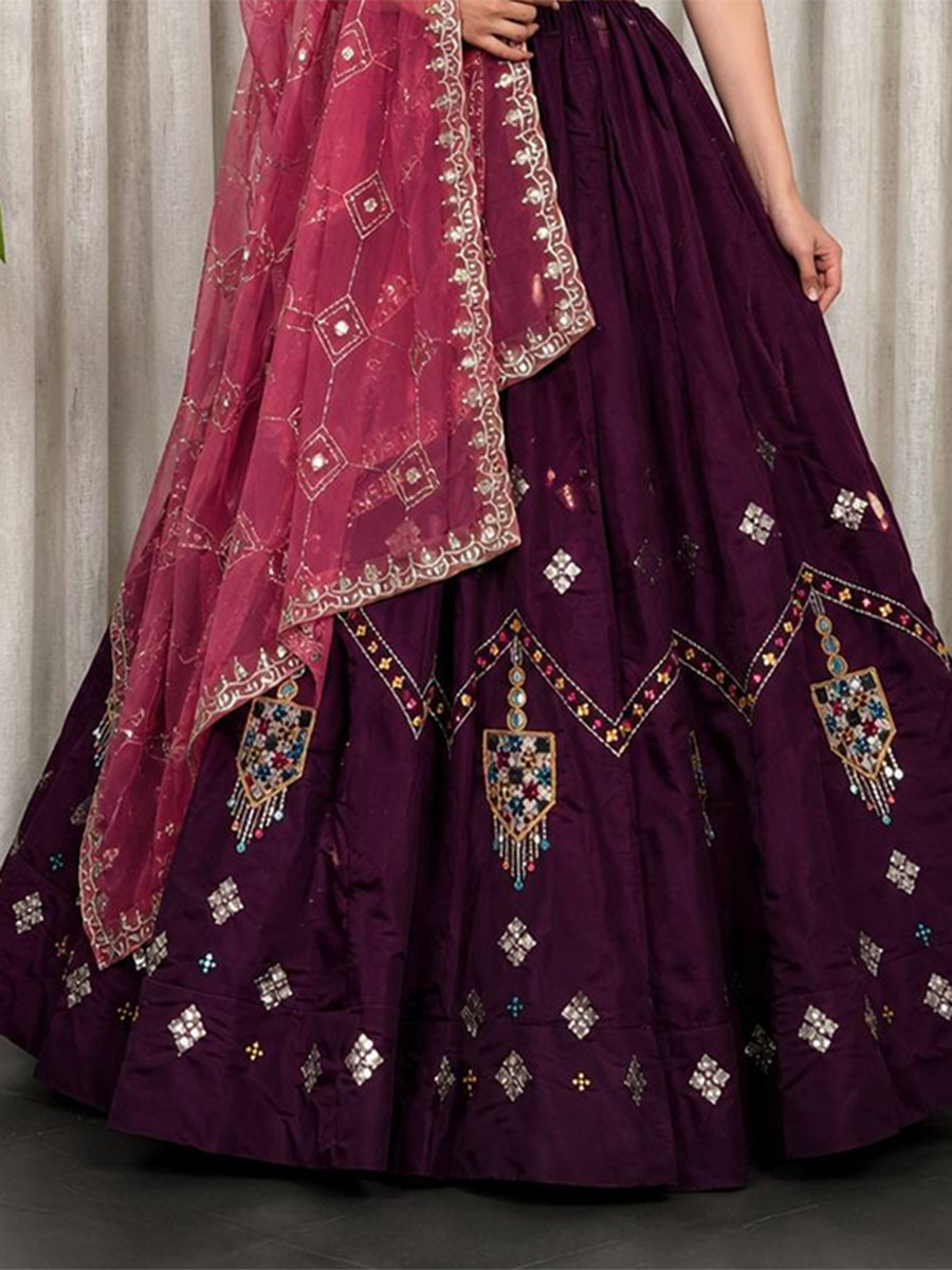 Wine Roman silk Embroidery Sequins Wedding Reception Festival Ready Heavy Border Lehenga Choli