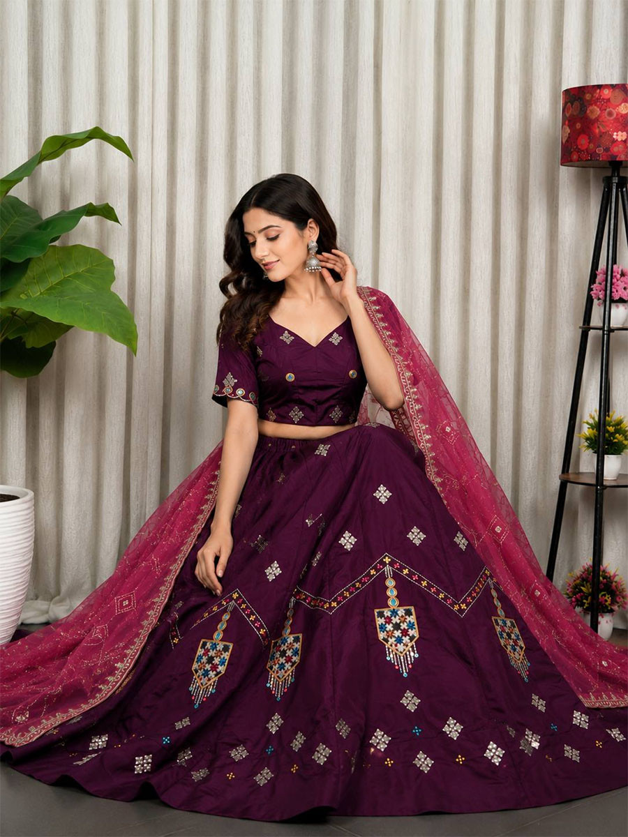 Wine Roman silk Embroidery Sequins Wedding Reception Festival Ready Heavy Border Lehenga Choli