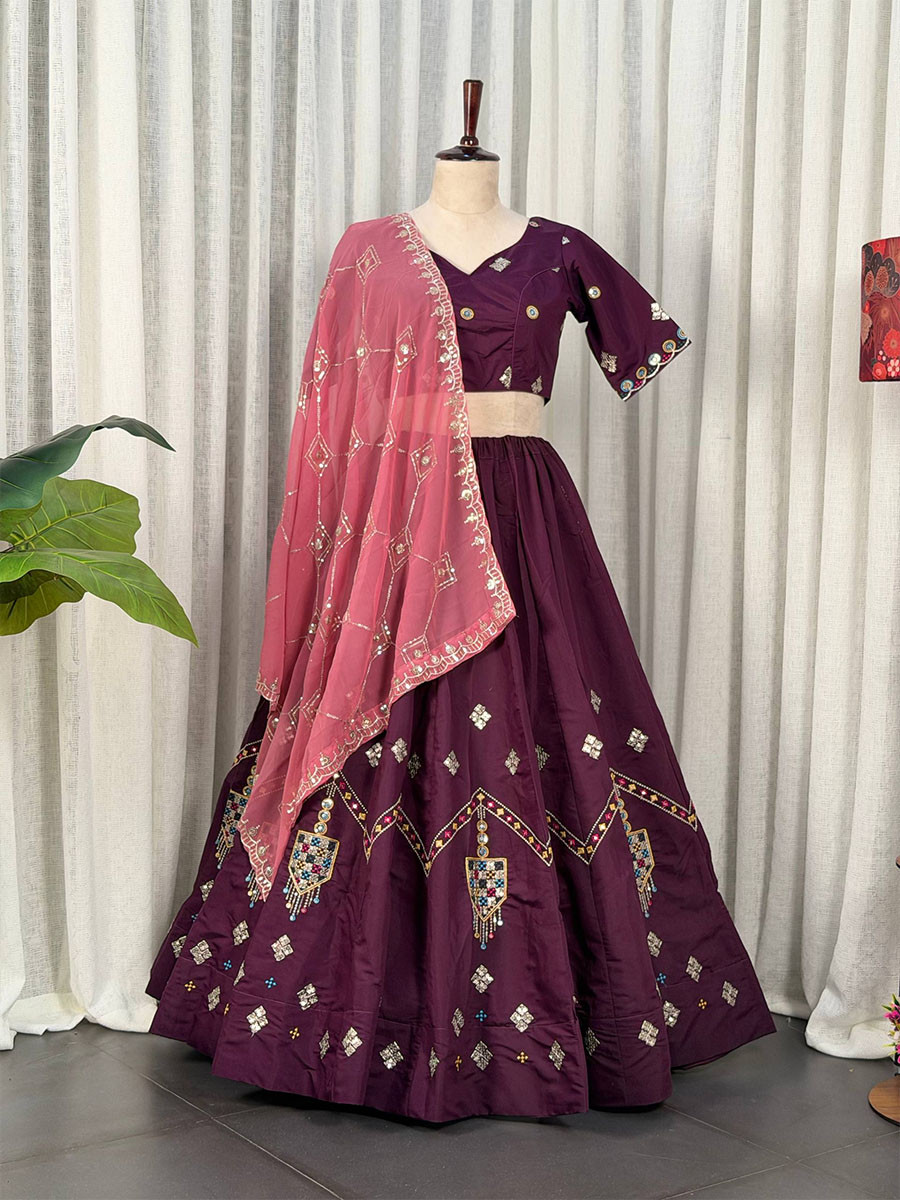 Wine Roman silk Embroidery Sequins Wedding Reception Festival Ready Heavy Border Lehenga Choli