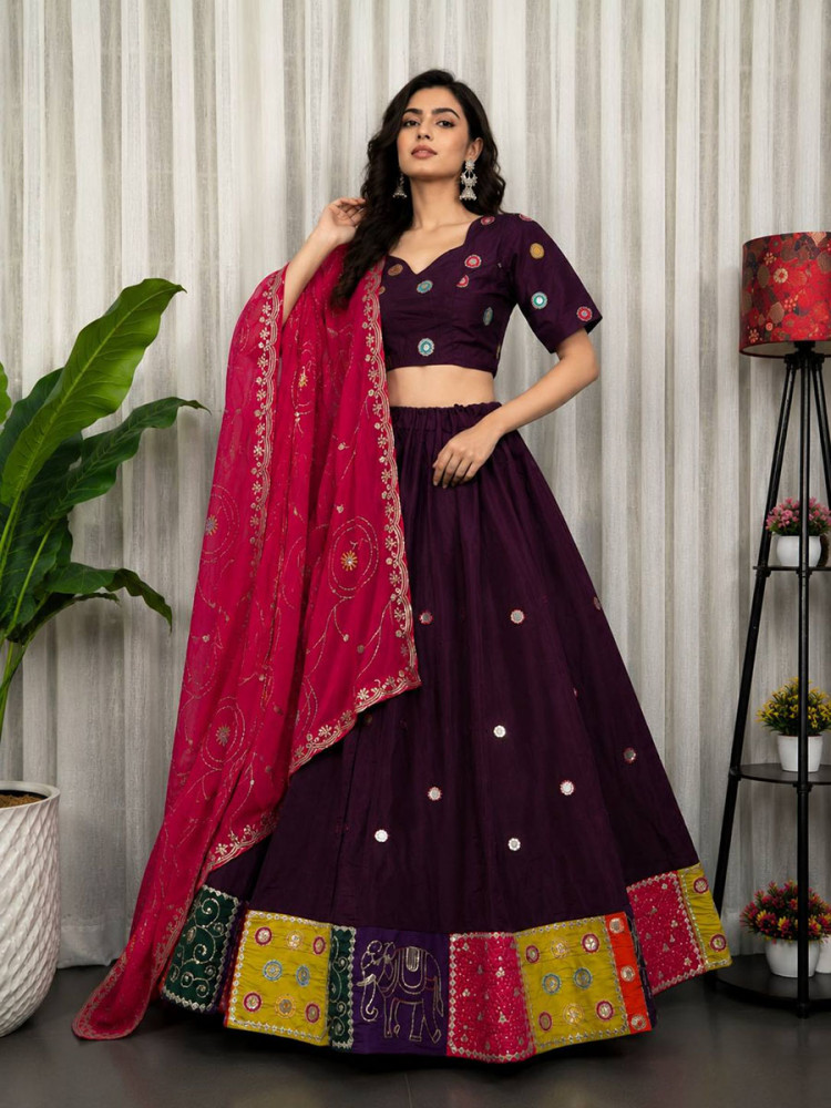 Image of Wine Roman silk Embroidery Sequins Wedding Reception Festival Ready Heavy Border Lehenga Choli