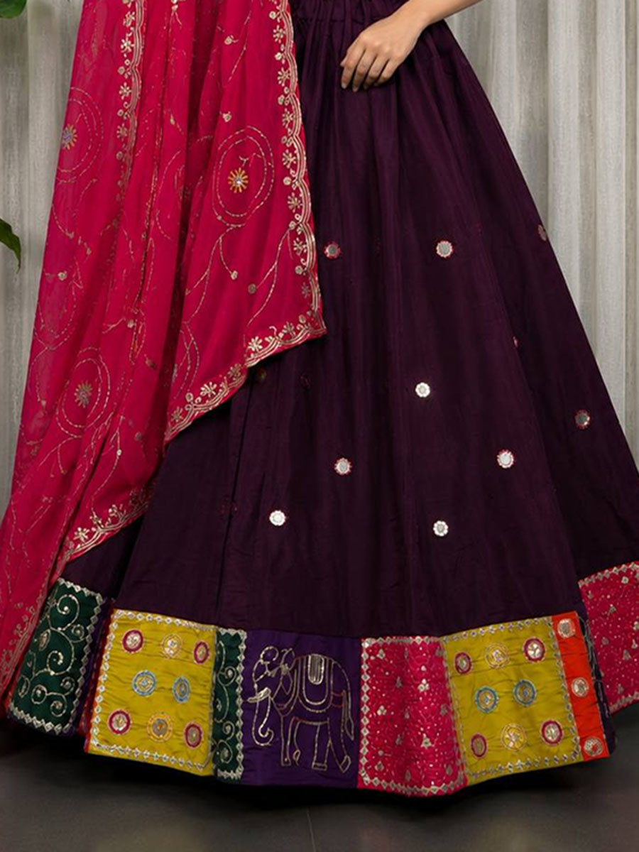 Wine Roman silk Embroidery Sequins Wedding Reception Festival Ready Heavy Border Lehenga Choli