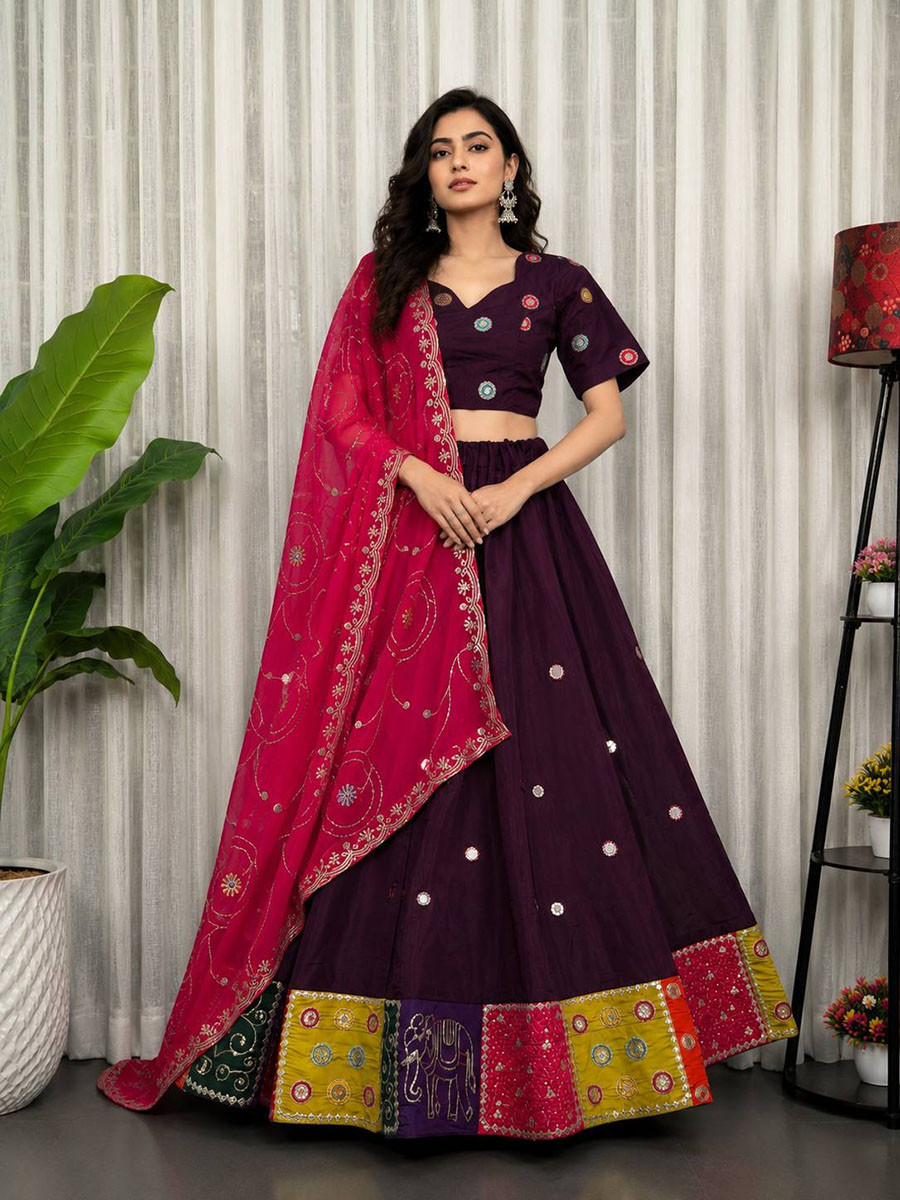 Wine Roman silk Embroidery Sequins Wedding Reception Festival Ready Heavy Border Lehenga Choli