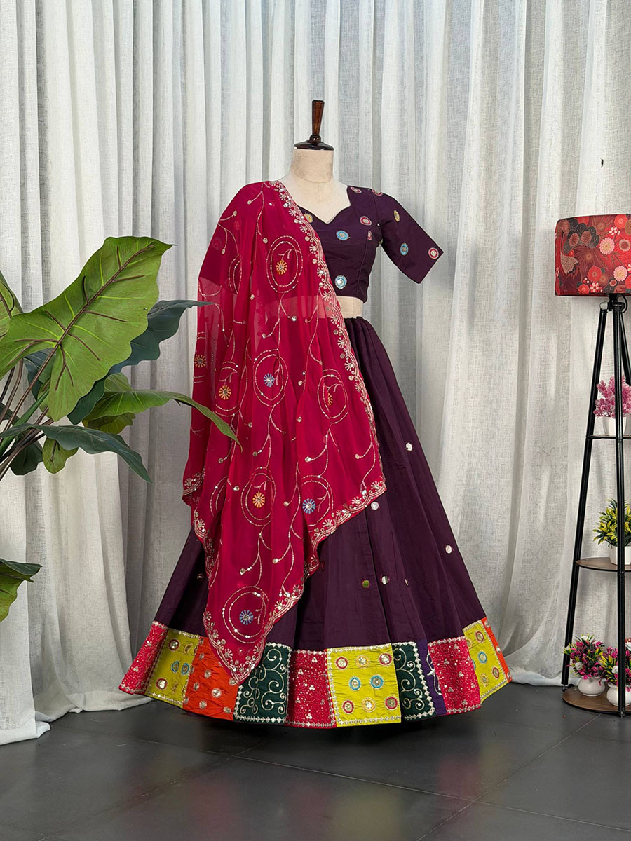 Wine Roman silk Embroidery Sequins Wedding Reception Festival Ready Heavy Border Lehenga Choli