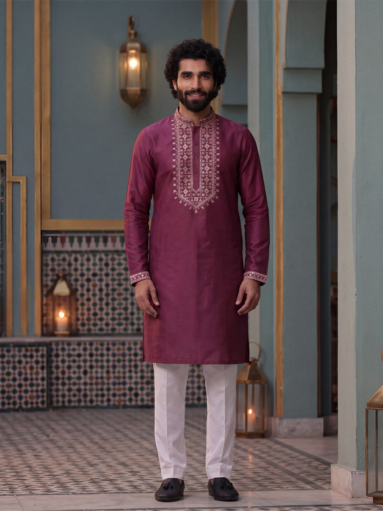 Image of Wine Roman Silk Embroidery Wedding Party Festival Casual Mens Wear Kurta