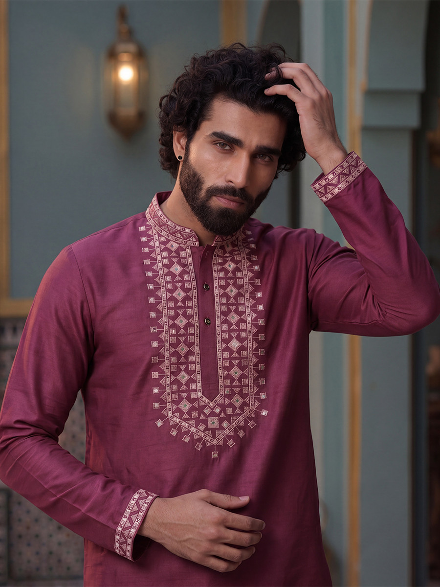 Wine Roman Silk Embroidery Wedding Party Festival Casual Mens Wear Kurta