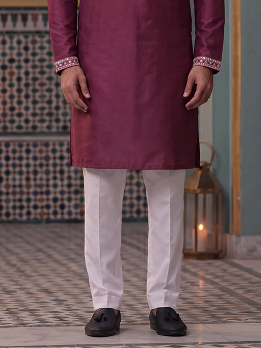 Wine Roman Silk Embroidery Wedding Party Festival Casual Mens Wear Kurta