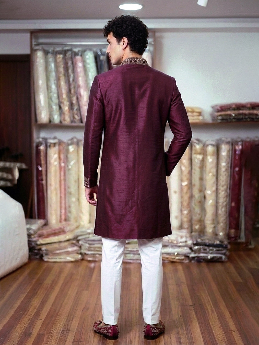 Wine Roman Silk Embroidery Wedding Party Festival Casual Mens Wear Kurta