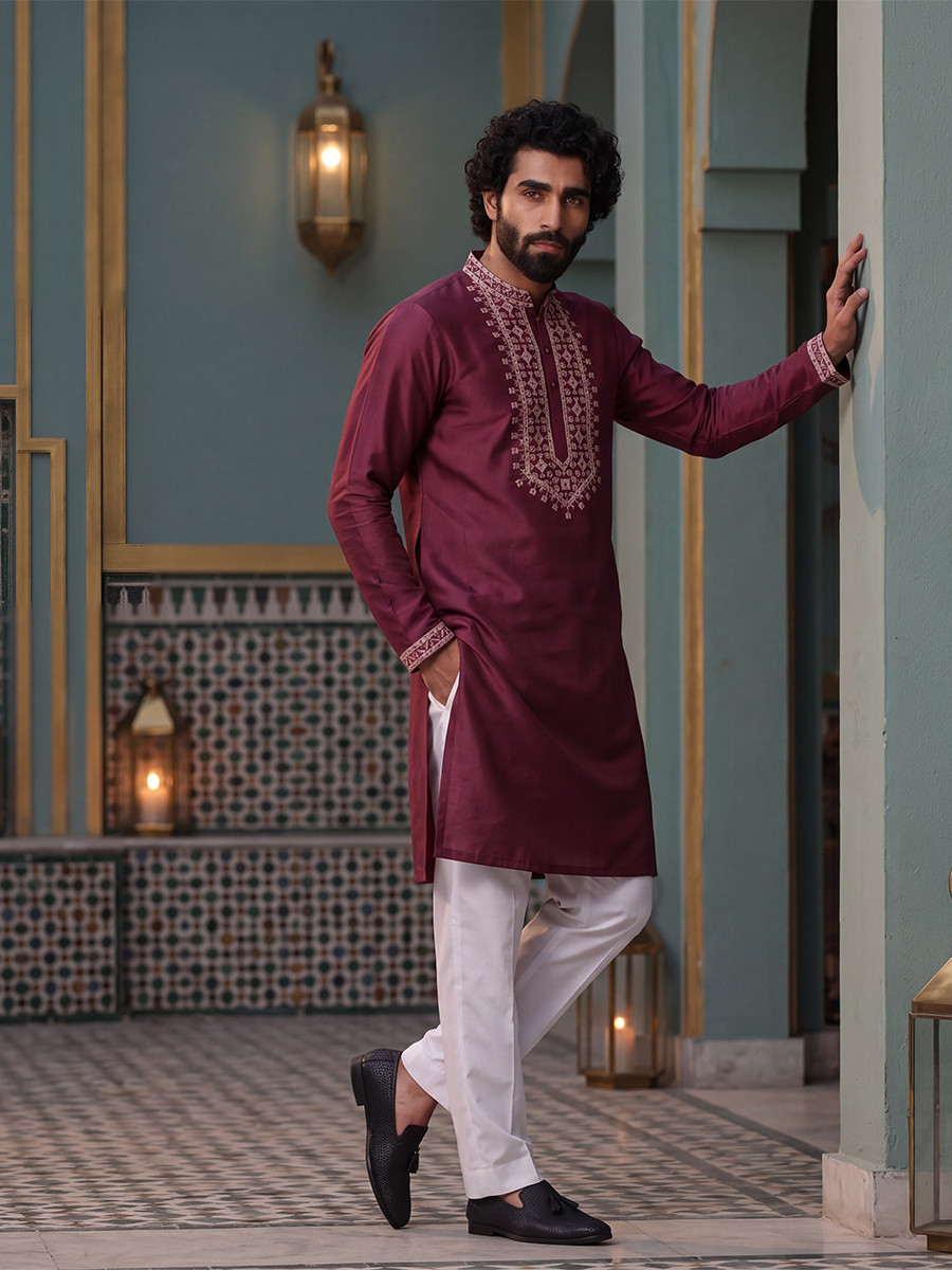 Wine Roman Silk Embroidery Wedding Party Festival Casual Mens Wear Kurta
