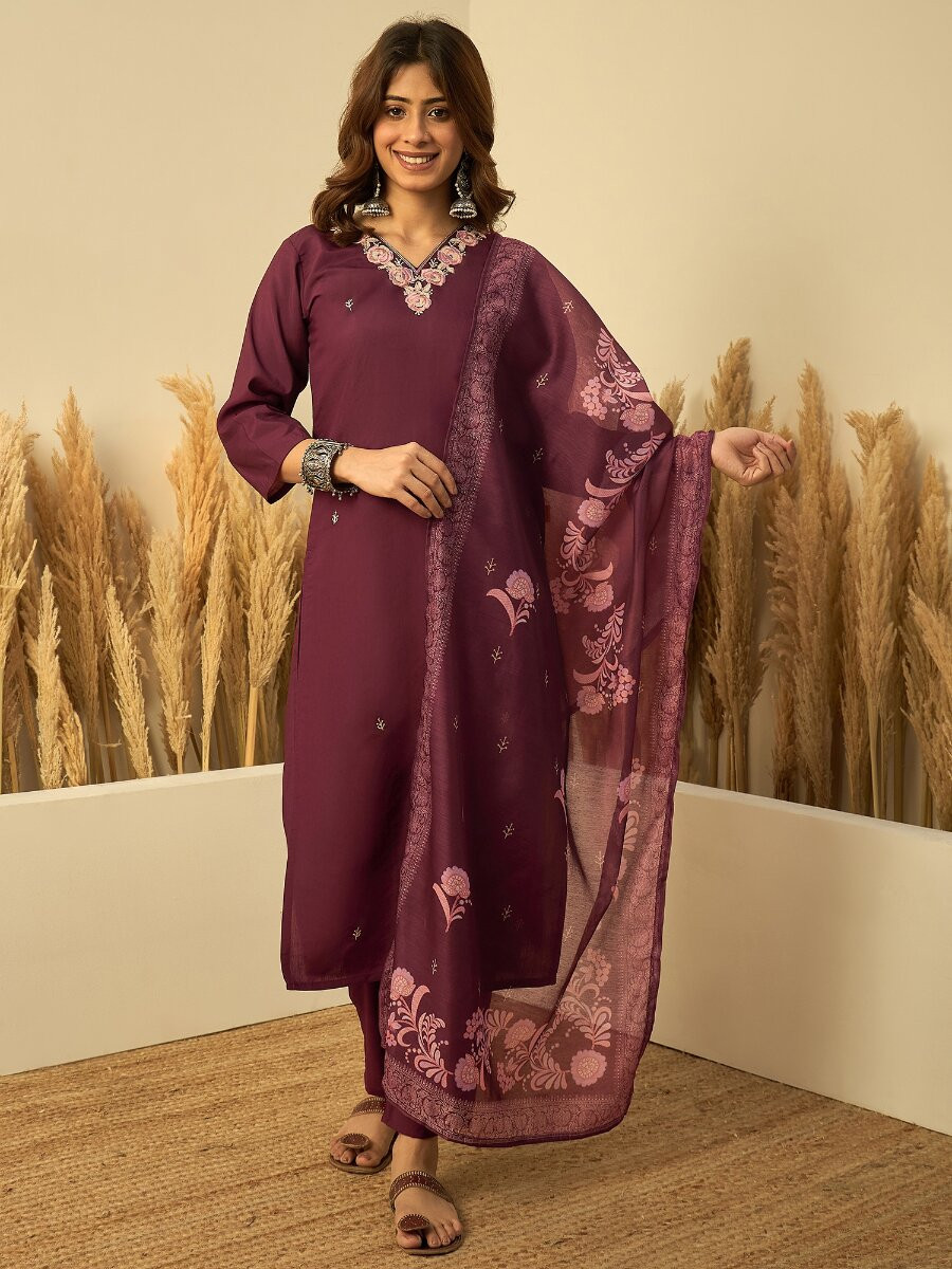 Wine Roman Silk Embroidery Wedding Party Festival Casual Pant Salwar Kameez