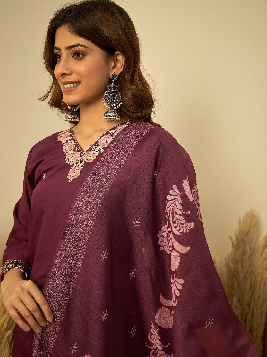 Wine Roman Silk Embroidery Wedding Party Festival Casual Pant Salwar Kameez