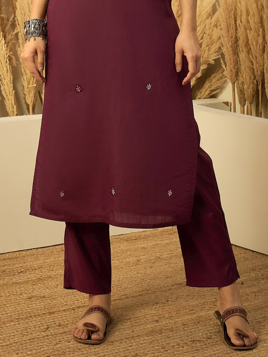 Wine Roman Silk Embroidery Wedding Party Festival Casual Pant Salwar Kameez