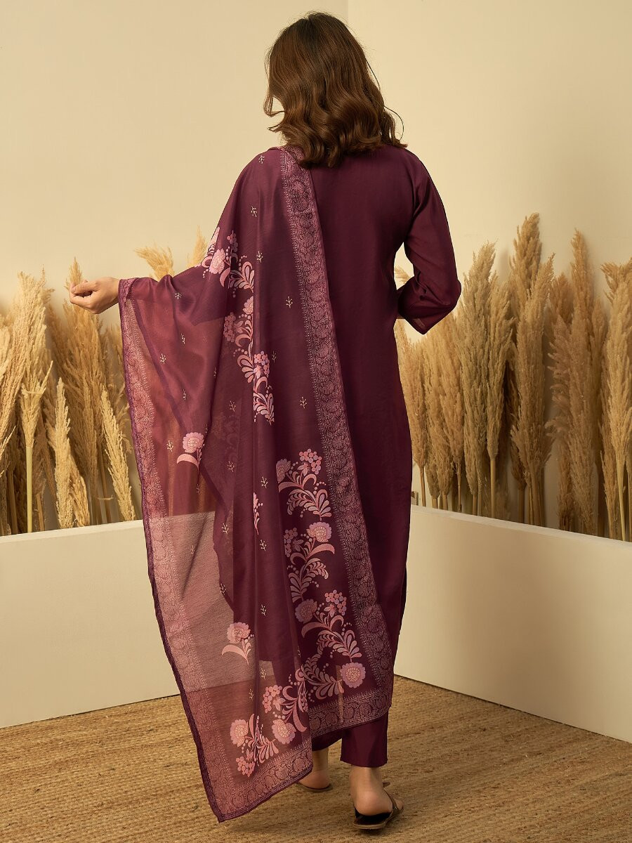 Wine Roman Silk Embroidery Wedding Party Festival Casual Pant Salwar Kameez