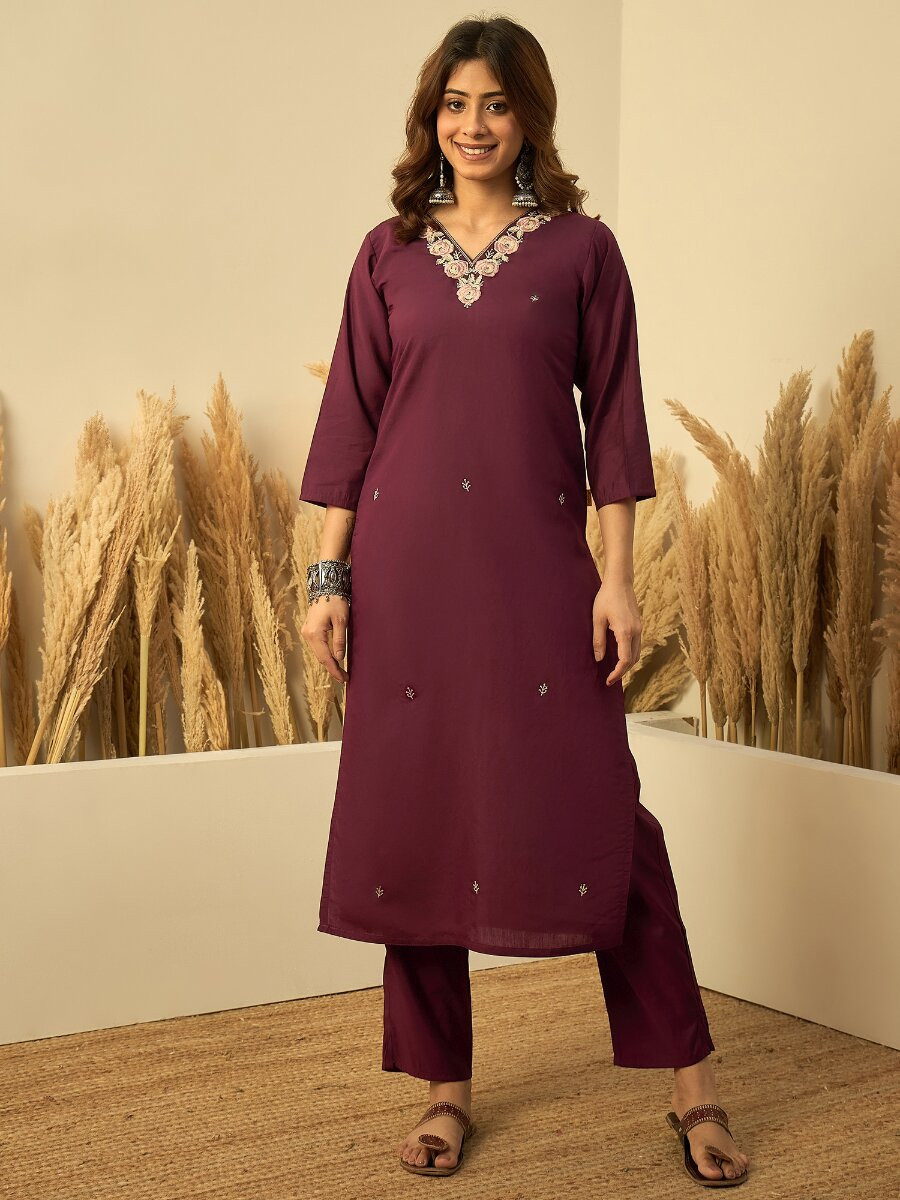 Wine Roman Silk Embroidery Wedding Party Festival Casual Pant Salwar Kameez