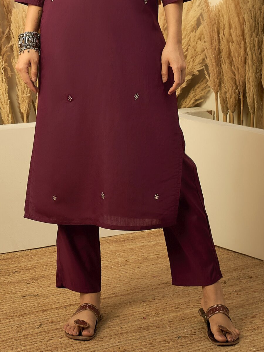Wine Roman Silk Embroidery Wedding Party Festival Casual Ready Pant Salwar Kameez