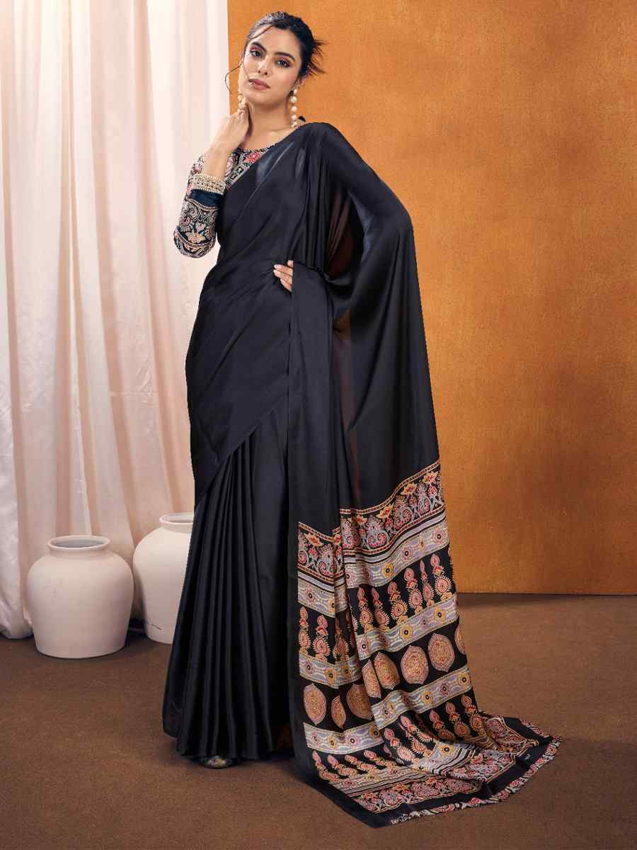 Wine Satin Crape Printed Festival Wedding Fancy Heavy Border Saree