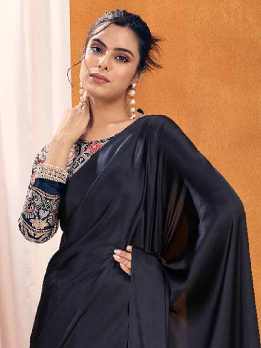 Wine Satin Crape Printed Festival Wedding Fancy Heavy Border Saree