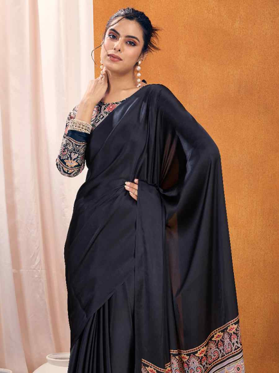 Wine Satin Crape Printed Festival Wedding Fancy Heavy Border Saree