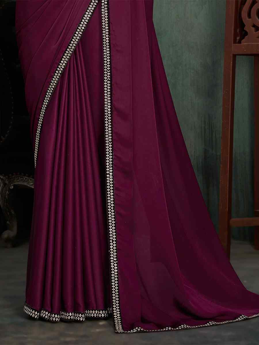 Wine Satin Georgette Embroidered Party Wedding Classic Style Saree