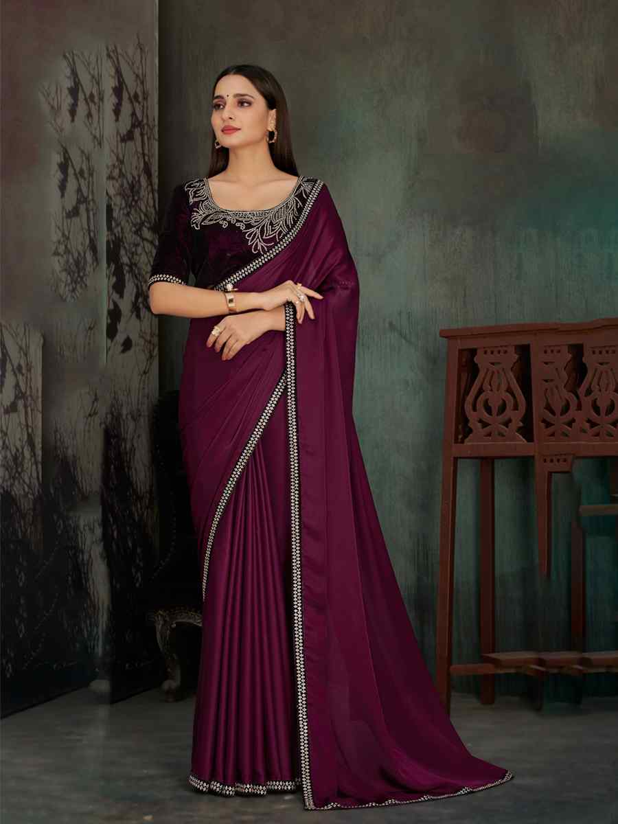 Wine Satin Georgette Embroidered Party Wedding Classic Style Saree