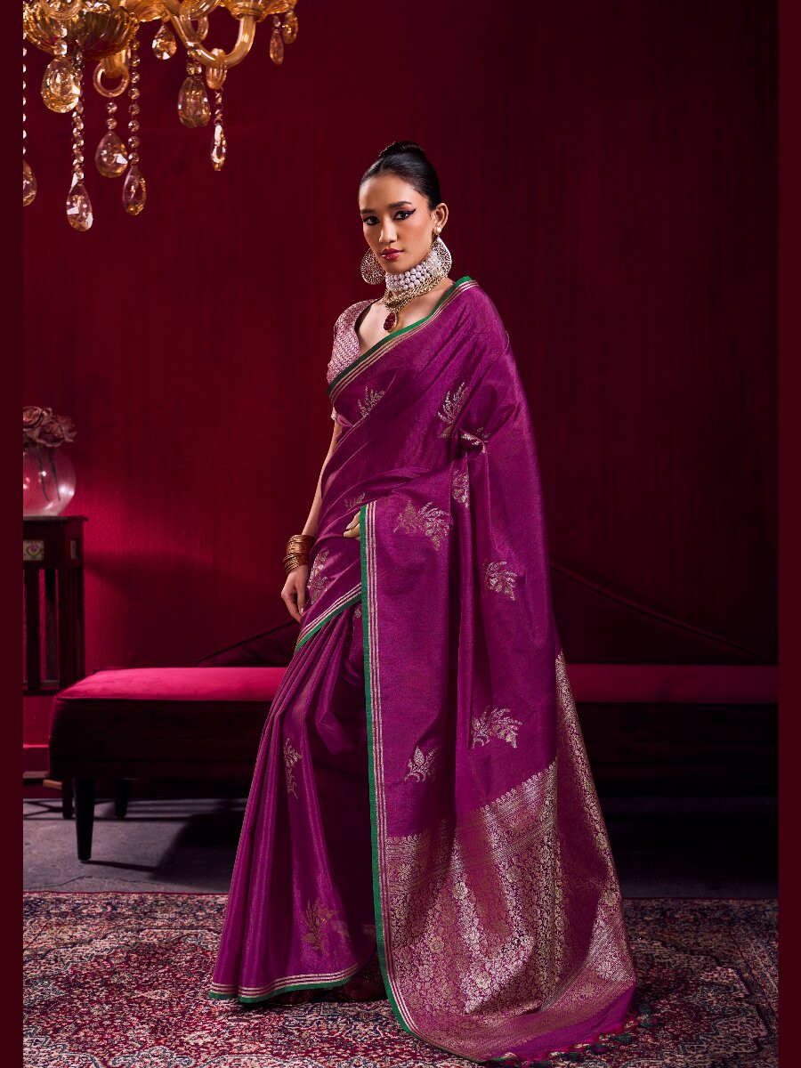 Wine Satin Linen Silk Handwoven Weaving Wedding Reception Party Festival Heavy Border Sarees