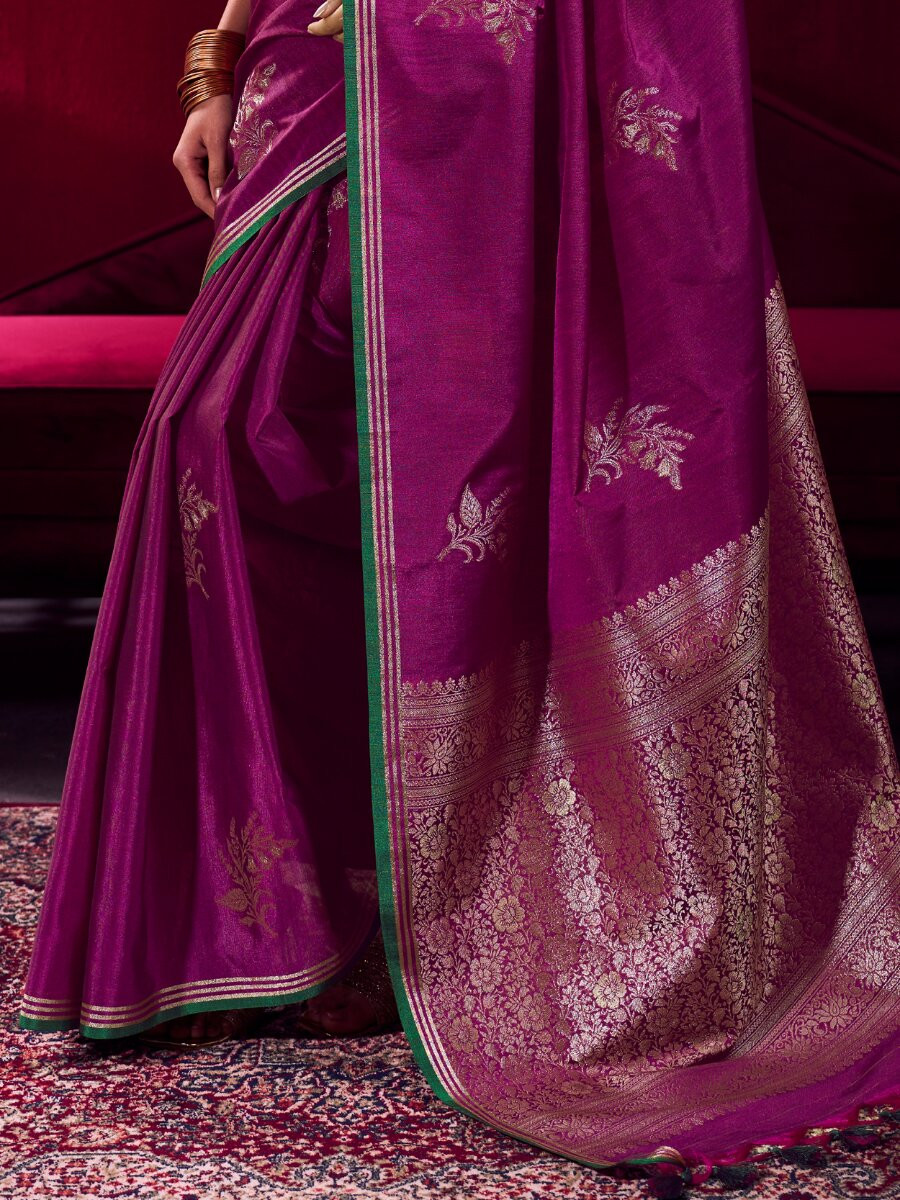 Wine Satin Linen Silk Handwoven Weaving Wedding Reception Party Festival Heavy Border Sarees