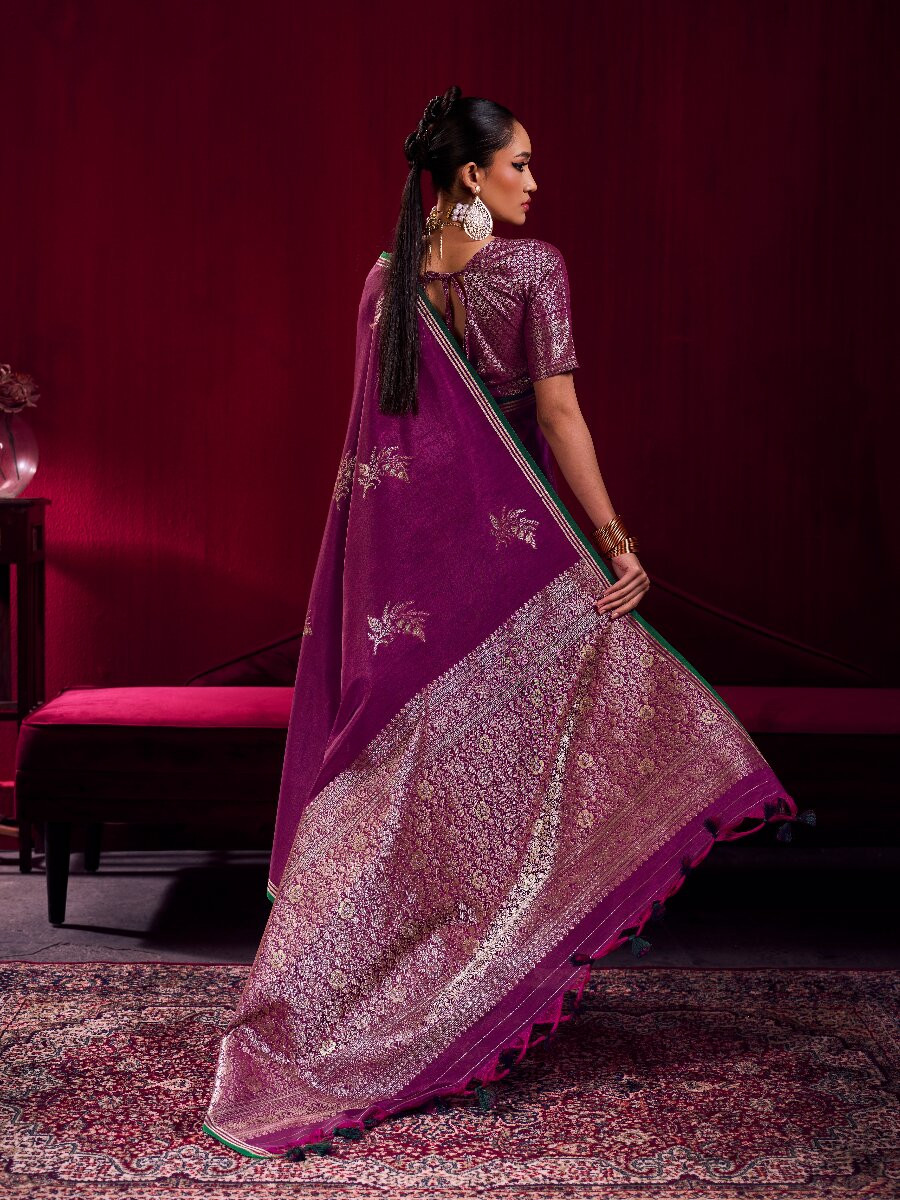 Wine Satin Linen Silk Handwoven Weaving Wedding Reception Party Festival Heavy Border Sarees