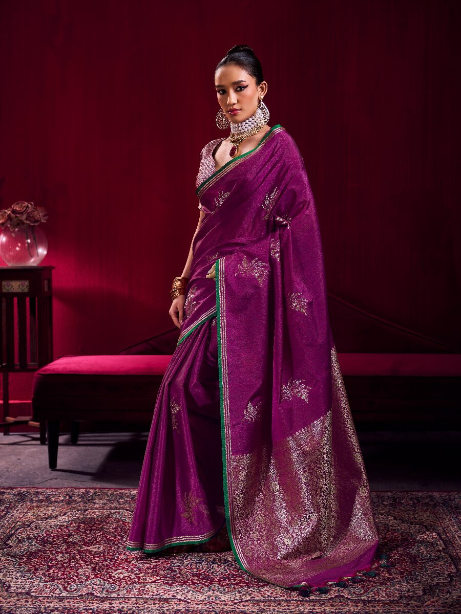 Wine Satin Linen Silk Handwoven Weaving Wedding Reception Party Festival Heavy Border Sarees